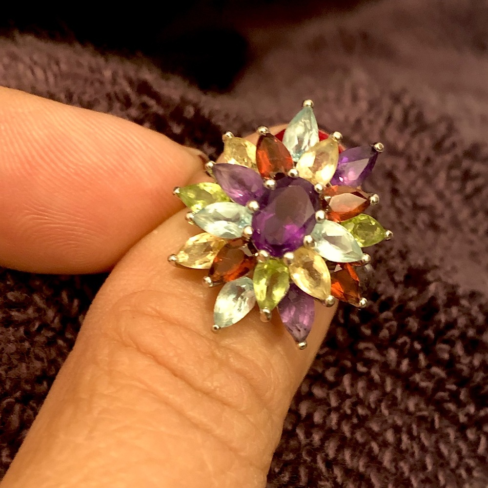 Sterling Silver Gemstone Floral Cluster Ring - Picture 3 of 6